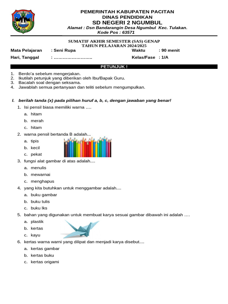 Soal Seni Rupa Kelas 1 SD 2024 2025 PDF Soal Seni Rupa Kelas 1 SD 2024 2025 PDF