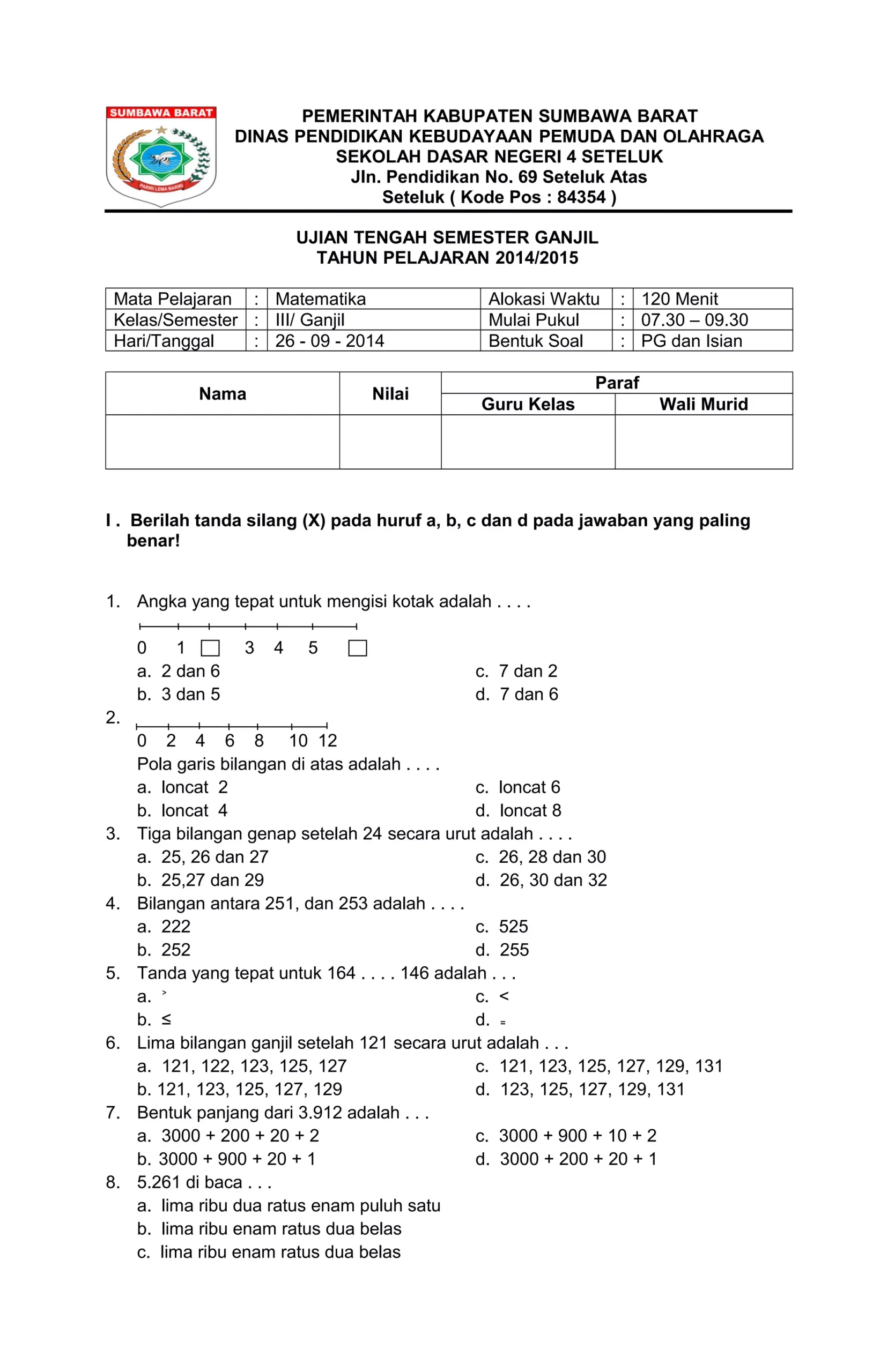 Soal uts matematika kelas 3 semester 1 PDF Soal uts matematika kelas 3 semester 1 PDF