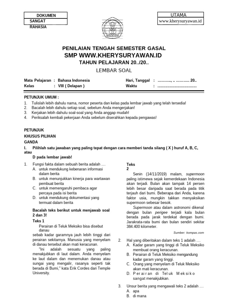 1 - Soal UTS B Indonesia Kelas 8 Sem 1 - WWW - Kherysuryawan id PDF 1 - Soal UTS B Indonesia Kelas 8 Sem 1 - WWW - Kherysuryawan id PDF