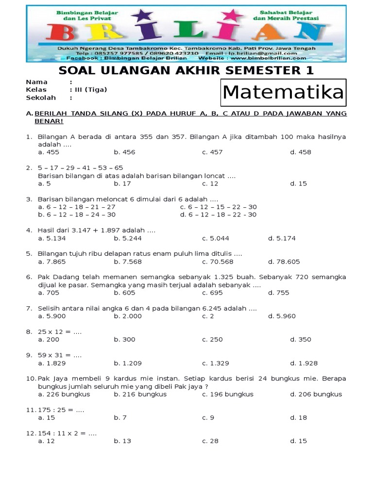 Soal Ulangan Matematika Kelas 3 Semester 1 PDF Soal Ulangan Matematika Kelas 3 Semester 1 PDF