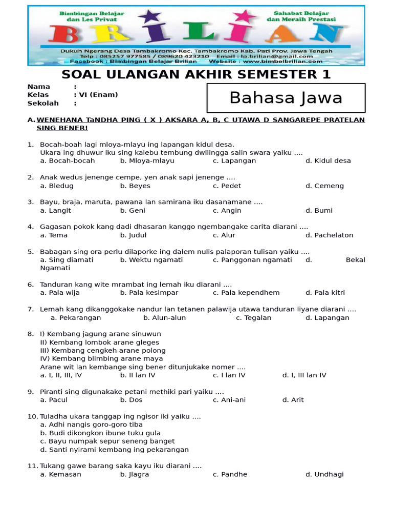 Soal UAS Bahasa Jawa Kelas 6 SD Semester 1 Ganjil Dan Kunci Jawaban PDF Soal UAS Bahasa Jawa Kelas 6 SD Semester 1 Ganjil Dan Kunci Jawaban PDF