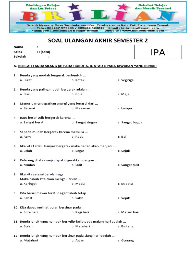 Soal Ulangan IPA Kelas 1 Semester 2 PDF Soal Ulangan IPA Kelas 1 Semester 2 PDF