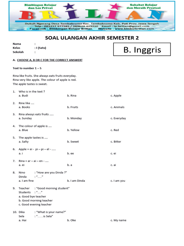 Soal UAS Bahasa Inggris Kelas 1 SD Semester 2 Dan Kunci Jawaban 1 Soal UAS Bahasa Inggris Kelas 1 SD Semester 2 Dan Kunci Jawaban 1