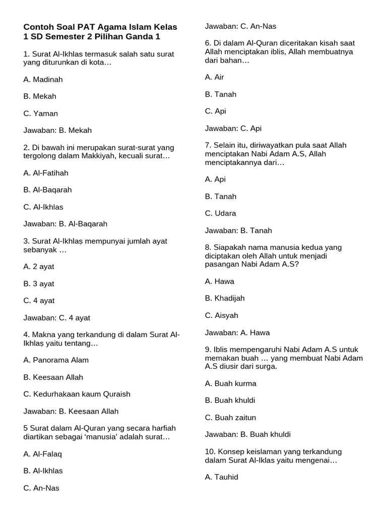 Contoh Soal PAT Agama Islam Kelas 1 SD Semester 2 Pilihan Ganda 1 PDF Contoh Soal PAT Agama Islam Kelas 1 SD Semester 2 Pilihan Ganda 1 PDF