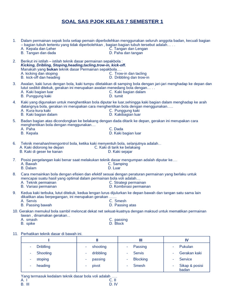 Soal PJOK Kelas 7 Semester 1 PDF Soal PJOK Kelas 7 Semester 1 PDF