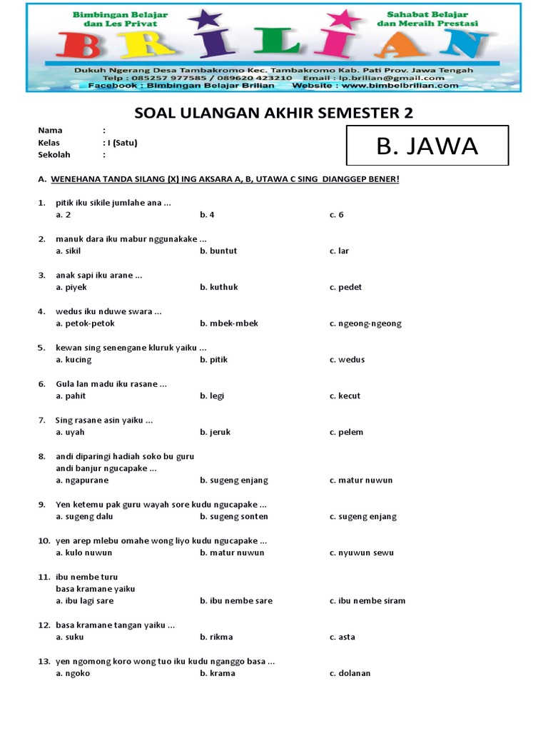 Soal UAS Bahasa Jawa Kelas 1 SD Semester 2 Dan Kunci Jawaban PDF Soal UAS Bahasa Jawa Kelas 1 SD Semester 2 Dan Kunci Jawaban PDF