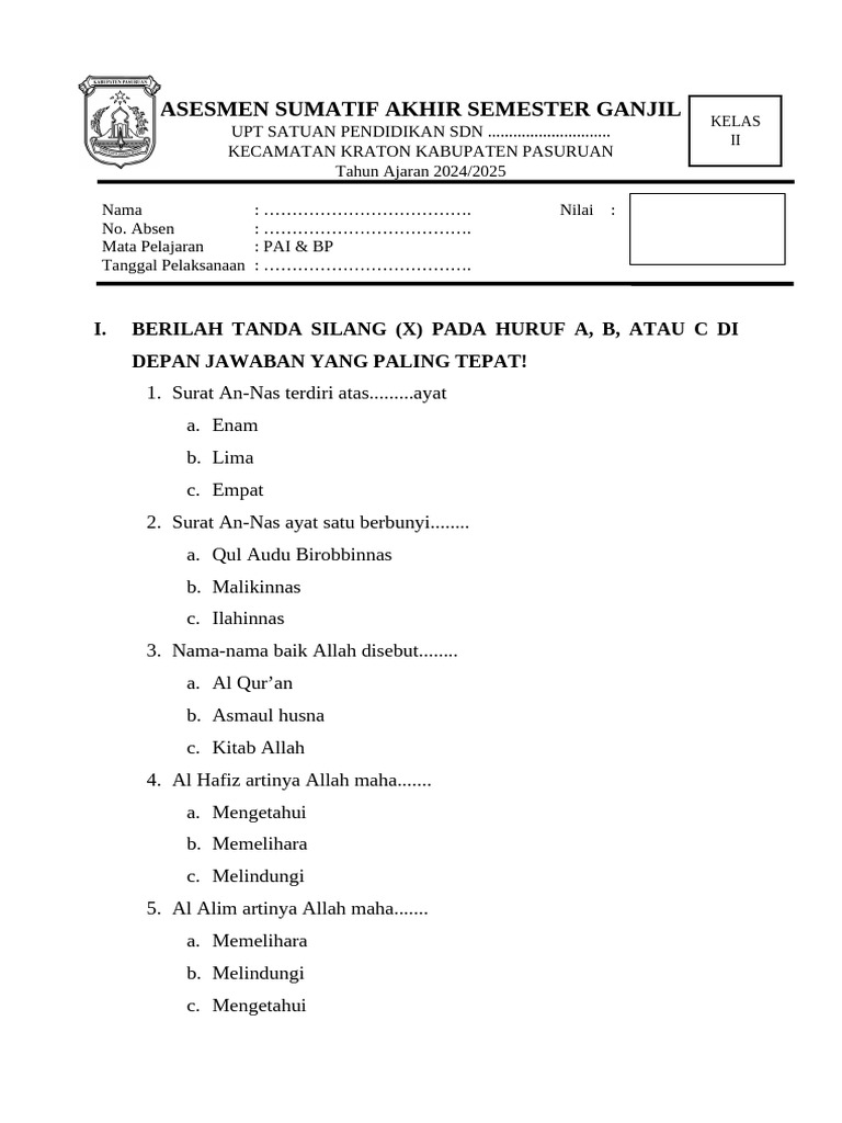 Bocoran Latihan Soal PAI Kelas 2 SD Semester 1 Kurtilas Agar Nilai Ujian Sempurna
