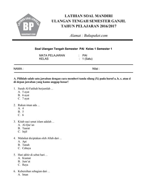 Kumpulan Latihan Soal PAI Kelas 1 SD Terbaru Agar Anak Cepat Hafal dan Paham Materi Kumpulan Latihan Soal PAI Kelas 1 SD Terbaru Agar Anak Cepat Hafal dan Paham Materi